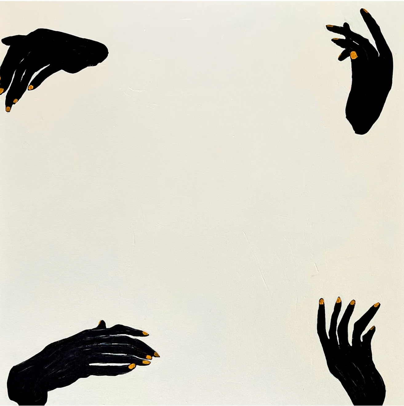 Black silhouette of hands with gold nail polish on a beige background