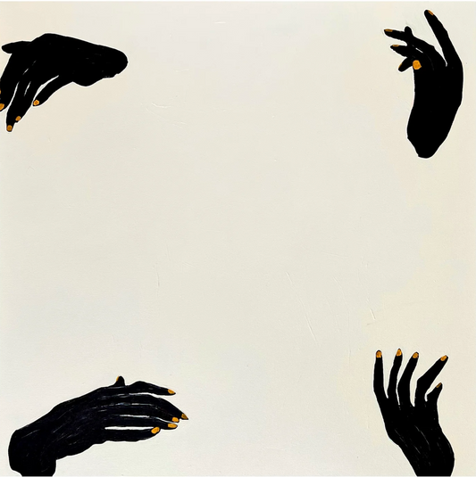 Black silhouette of hands with gold nail polish on a beige background