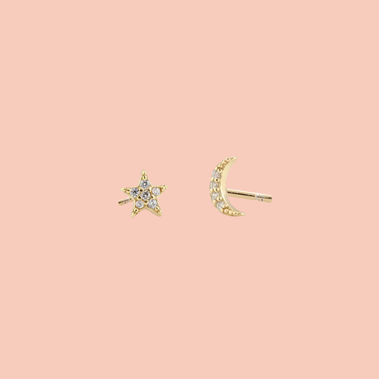 Star and Moon Crystal Stud Earrings